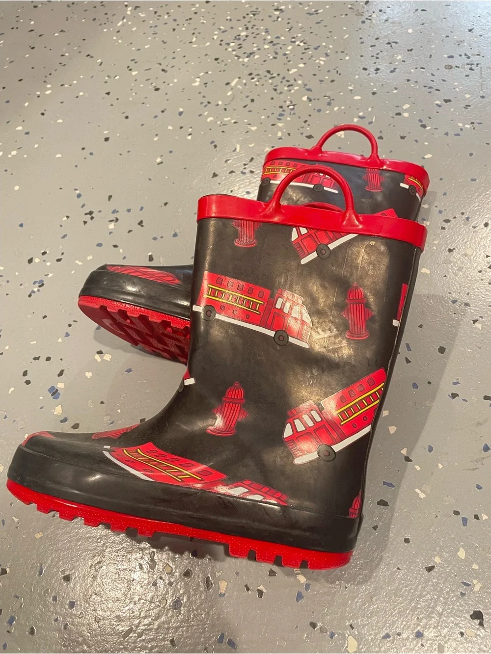 Kids Black & Red Fire Truck Rain Boots
